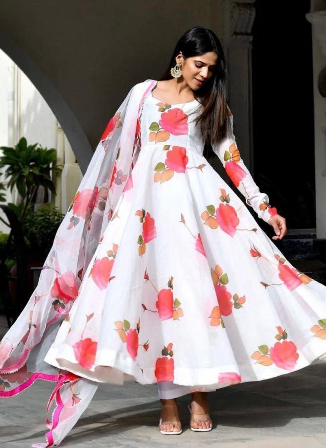 Georgette White Festival Wear Printed Readymade Gown With Dupatta